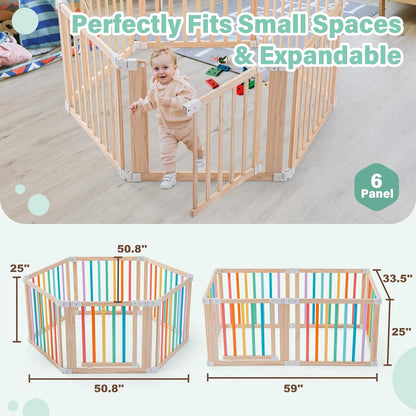 Foldable Wooden Playpen-51x51x25in-Large Baby Gate Playpen with Child-Proof Lock-Easy Assembly, Portable Design for Babies & Toddlers- Shape& Size Adjustable Baby Fence Play Area (Wood, 6 Panel)