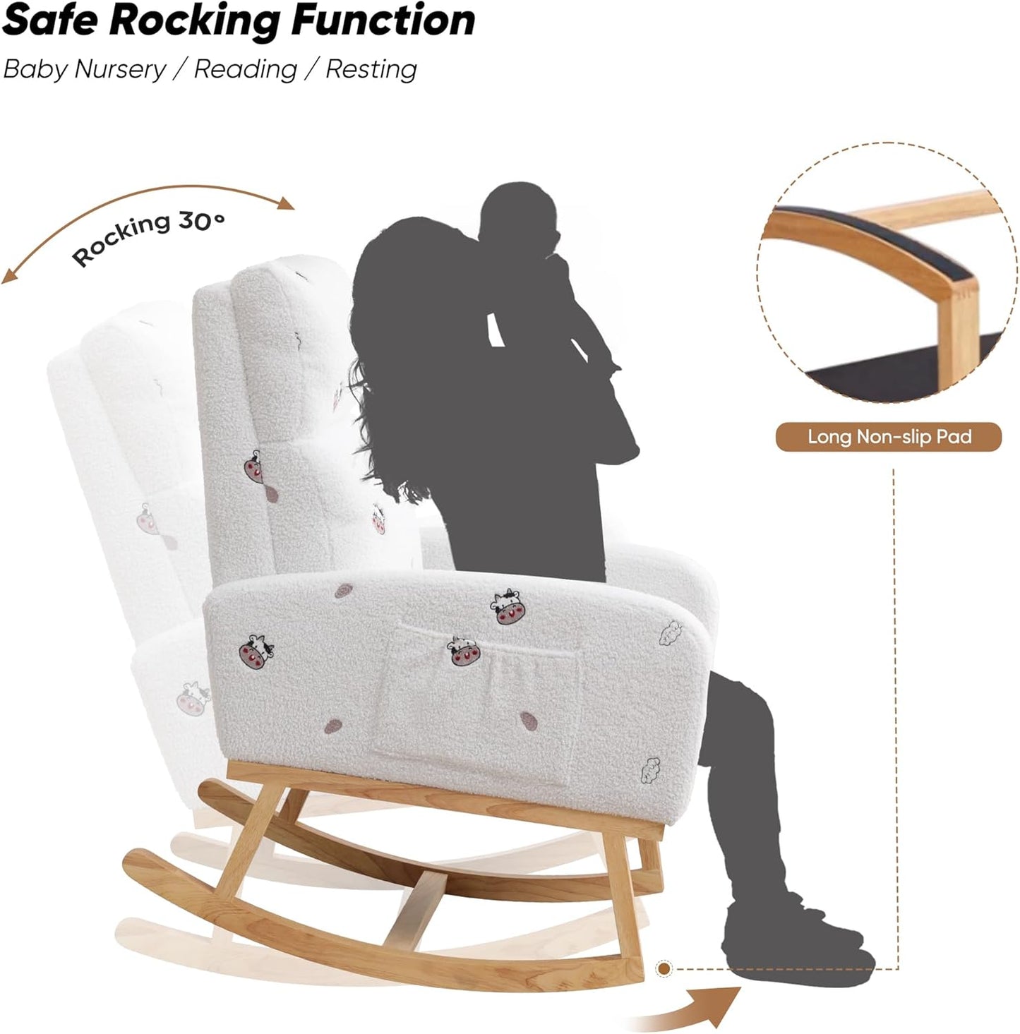 HCHAIRH Rocking Chair Nursery, Upholstered Fabricr Nursing Rocking Chairs with Soft High Back, Modern Nursery Glider Rocker for Mom Living Room, Bedroom, Camel
