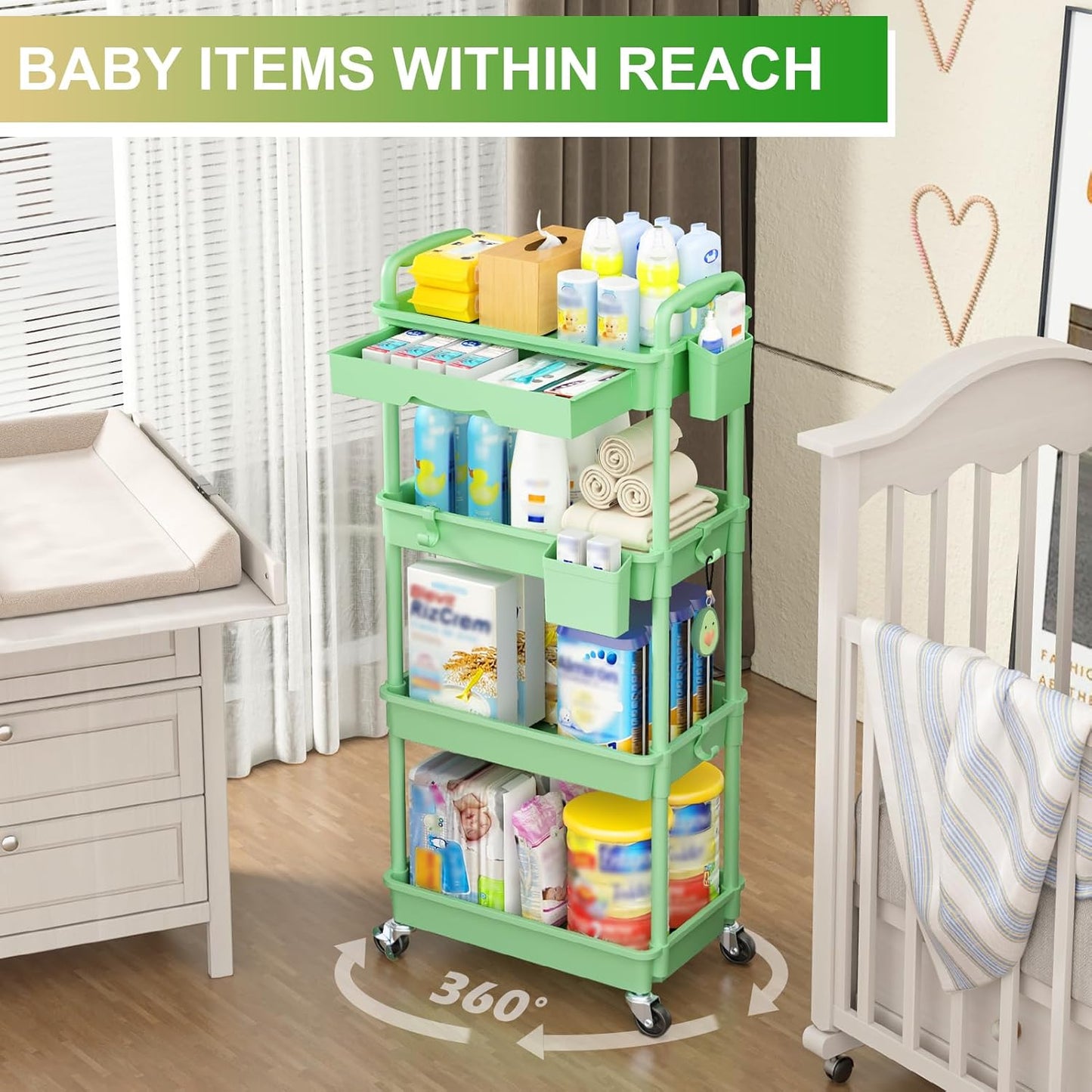 Goovilla 3 Tier Rolling Utility Cart Organizer with Removable Drawer, Stable and Sturdy White Rolling Storage Carts with 2 Lockable Wheels for Bathroom, Kitchen, Snack, Craft, Makeup, Baby Essentials