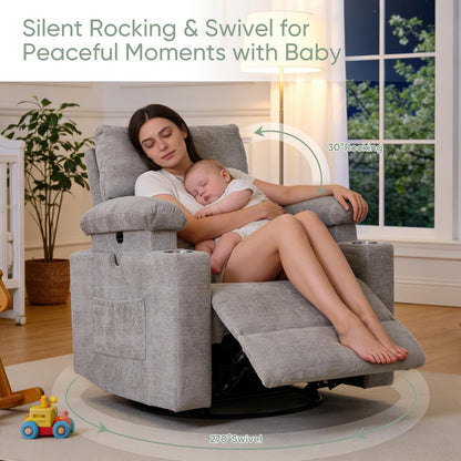 Rocking Chair Nursery with Adjustable Armrest for Breastfeeding, Glider Recliner Nursery Chair with Massage and Heat, Power Swivel Rocker Recliner with Adjustable Headrest, Corduroy, Beige