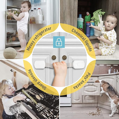 4our Kiddies 14 Pack Child Proof Cabinet Locks for Baby Proofing, Baby Proof Drawer Locks for Kids, Child Safety, Adjustable Child Locks for Cabinet and Drawers with 12 Extra 3M Adhesives, No Drilling