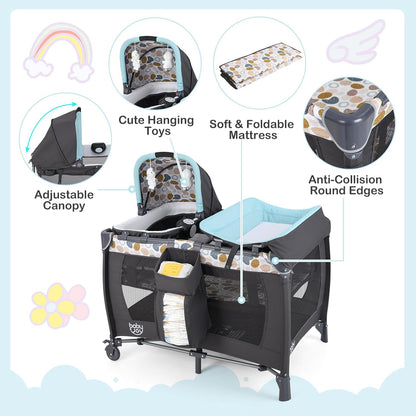 HONEY JOY Pack and Play, 5 in 1 Portable Infant Playpen with Bassinet & Changing Table, Storage Bag, Music Box, Toys, Carry Bag, Nursery Center, Baby Playard Pack n Play Crib for Boys Girls