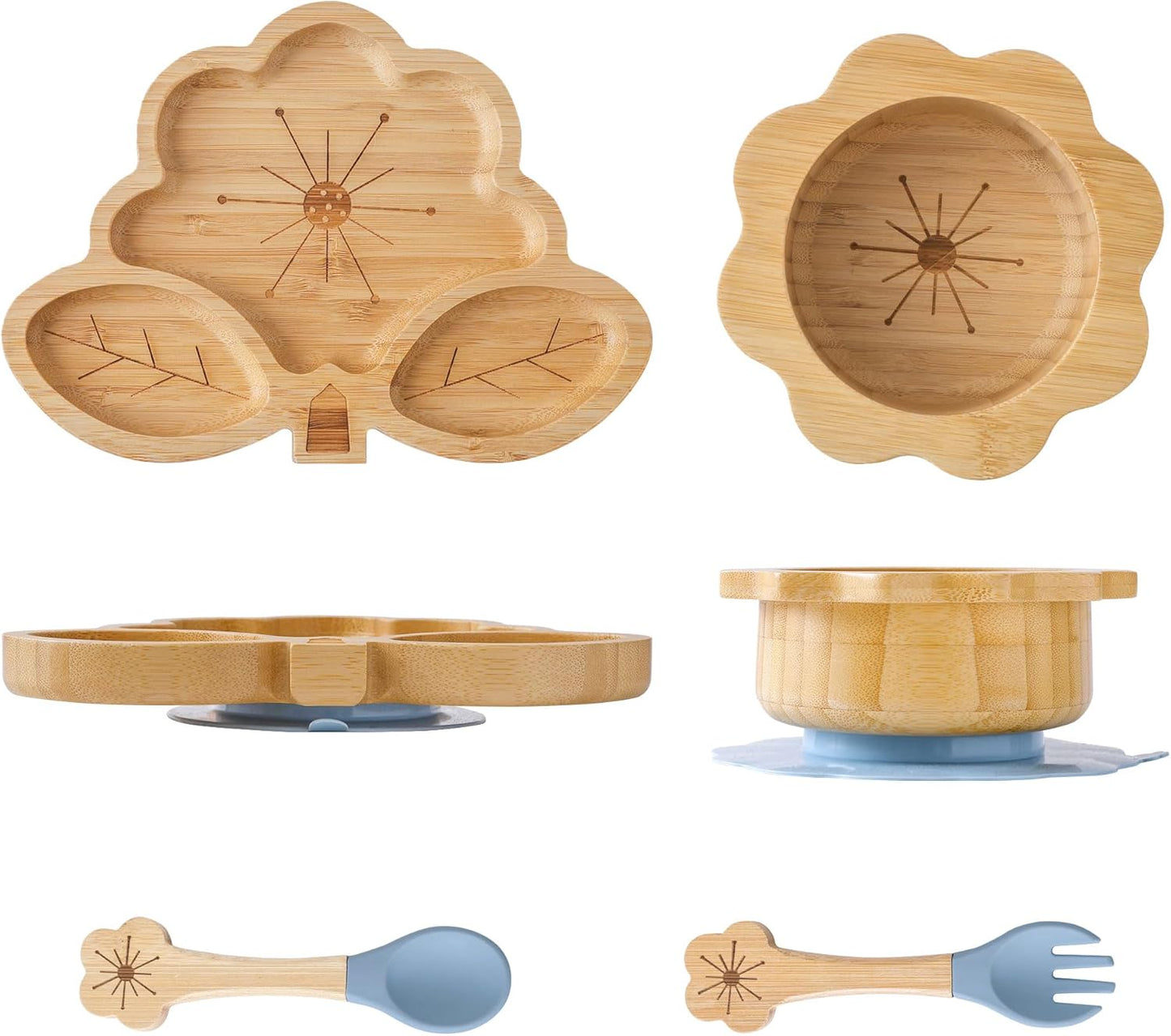 Bamboo Suction Plates Bowls Set for Baby Toddler - Includes Bamboo Bowl, Divided Plate, Silicone Fork & Spoon, All-Natural Baby Feeding Set for Baby-Led Weaning