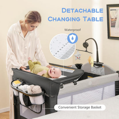 INFANS Pack and Play, 5 in 1 Baby Bedside Sleeper with Bassinet, Diaper Changer, Mattress, Carry Bag, Music Box Hanging Toys, Foldable Bedside Crib, Portable Playard for Newborn Toddlers (Gray)
