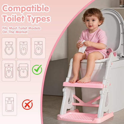 Potty Training Seat, 2 in 1 Potty Training Toilet with Step Stool for Boys Girls, Toddler Toilet Seat with Stabilizer Crossbar, Anti-Slip Pads and Splash Guard, Pink