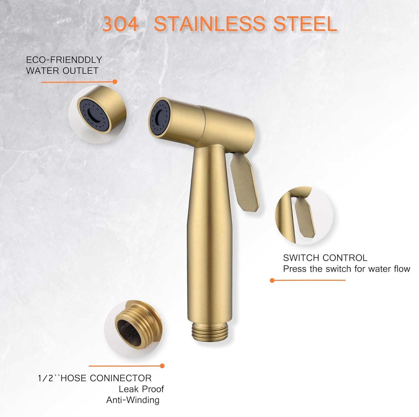 Brushed Gold Bidet Sprayer Head Only, Stainless Steel Brass Hand Bidet Sprayer with Adjustable Water Pressure Control for Baby Cloth Diaper & Bathroom & Pet Shower