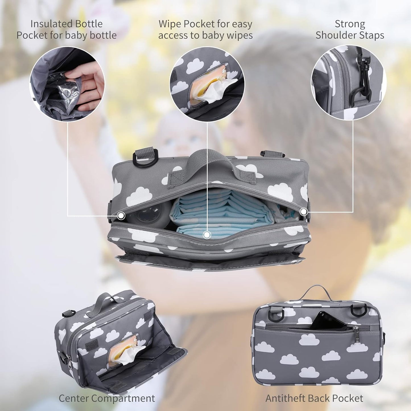 GOGOSO Baby Stroller Organizer Bag with Insulated Pocket, Universal Fit Most Strollers, Space for Diapers, Wipes & Toys, Flowers