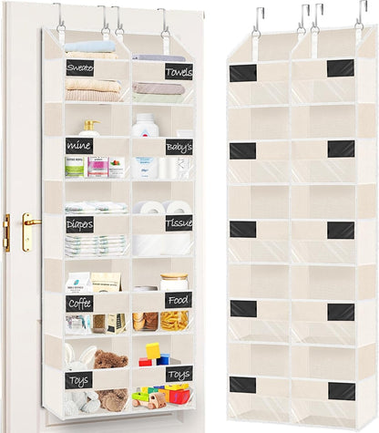 Over The Door Organizer, 5-Tier Extra Large Behind Door Storage with 10 Big Front & 10 Mesh Pockets, 80lb Capacity, Hanging Storage Organizer with Clear Window Kids Toys, Shoes, Diapers, Light Grey