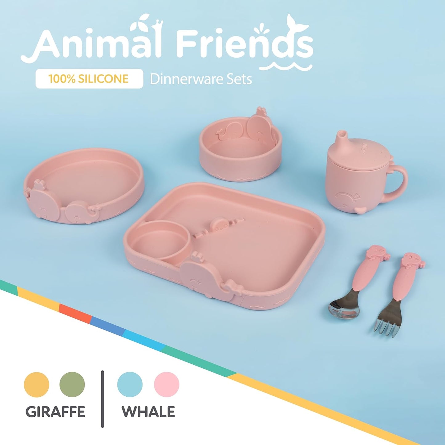 Nuby Animal Friend Silicone Round Bowl - Toddler Bowl - 6+ Months - Pink Whale Bowl