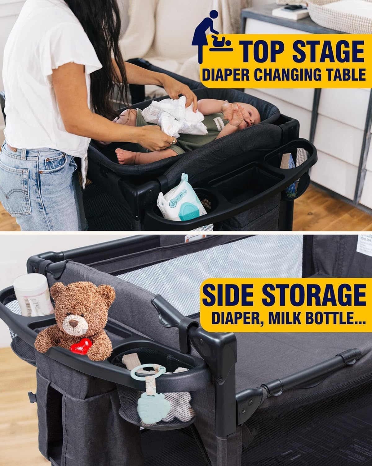 BEKA 4 in 1 Baby Bassinet Bedside Sleeper, Baby Bedside Crib 4 Functions, Bedside Bassinet Crib Sleeper, Playard, Changing Table, Baby Bassinet for Newborn Baby