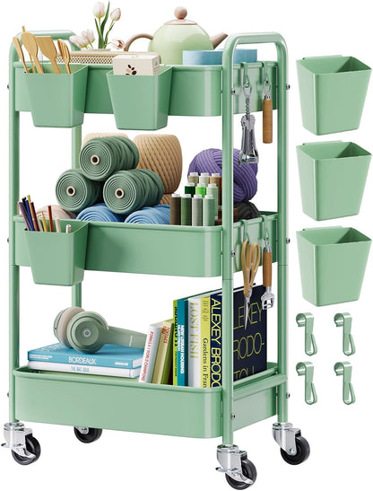 3 Tier Rolling Cart Metal with Lockable Wheels, Pink Three Tiered Diaper Caddy Cart Organizer on Wheels, Storage Utility Trolley Carts for Craft, Art, Nail, Lash, Baby Supplies, Cleaning, Mesh
