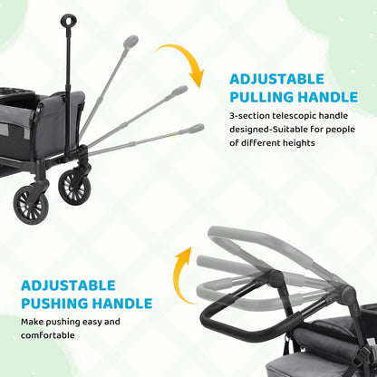 ELEMARA Stroller Wagon, 2 Seat Stroller for 2 Kids, Premium All Terrain Stroller for Kids w/Removable Canopy, Adjustable Push/Pull Handle, Large Storage Bag, Black