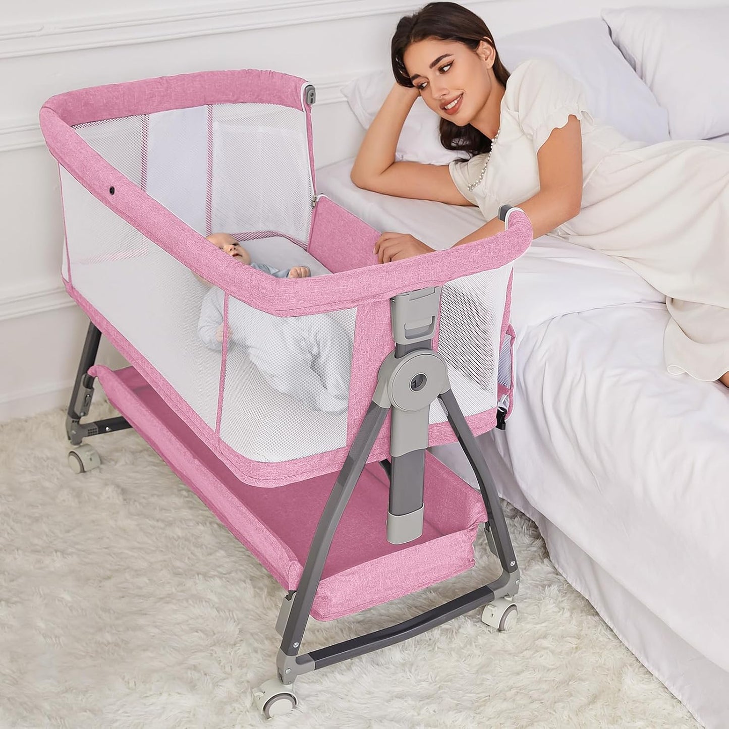 Jixrolyn 3 in 1 Baby Bassinet Bedside Sleeper, Height Adjustable Bedside Bassinet for Newborn and Infant with Mattress, Storage Basket, and Wheels (Grey)
