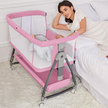 Jixrolyn 3 in 1 Baby Bassinet Bedside Sleeper, Height Adjustable Bedside Bassinet for Newborn and Infant with Mattress, Storage Basket, and Wheels (Grey)