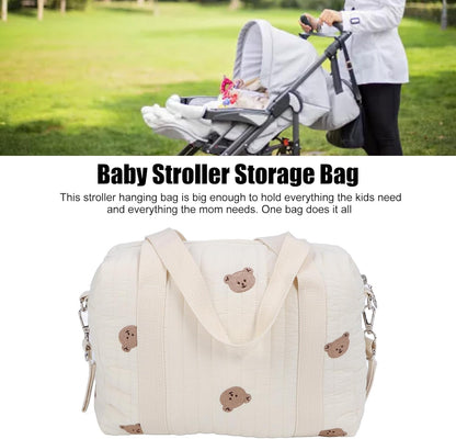 SUNGOOYUE Baby Stroller Storage Bag, Large Capacity Hanging Organizer with Zipper Pockets Cotton Stroller Bag for Mom Essentials Diapers Toys (Bear Bag)