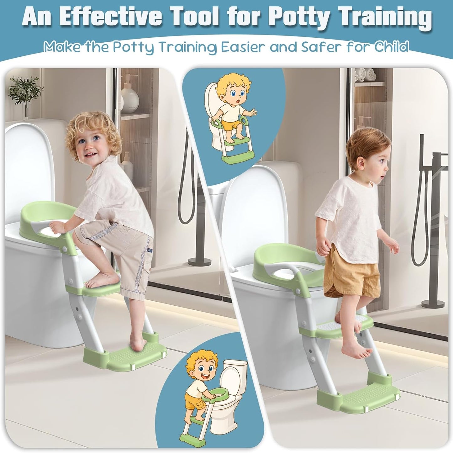 Potty Training Seat, Toddler Potty Training Toilet with Step Stool Ladder for Kids Boys Girls, 3 in 1 Foldable Toilet Seat Potty Chair with Urinals, Splash Guard, Handles, Anti-Slip Pad,Grey
