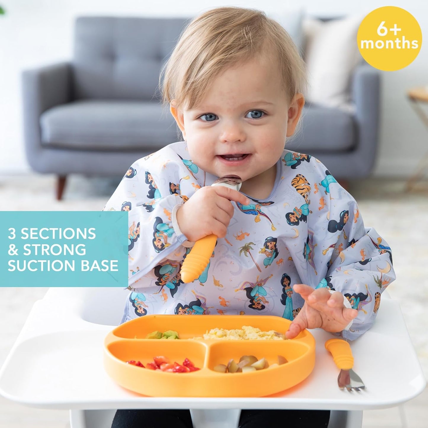 Bumkins Toddler and Baby Suction Plate, Divided Grip Dish for Babies and Kids, Baby Led Weaning, Feeding Supplies, Sticks to Tables and Highchairs, Platinum Silicone, for Chidren 6 Months, Gray