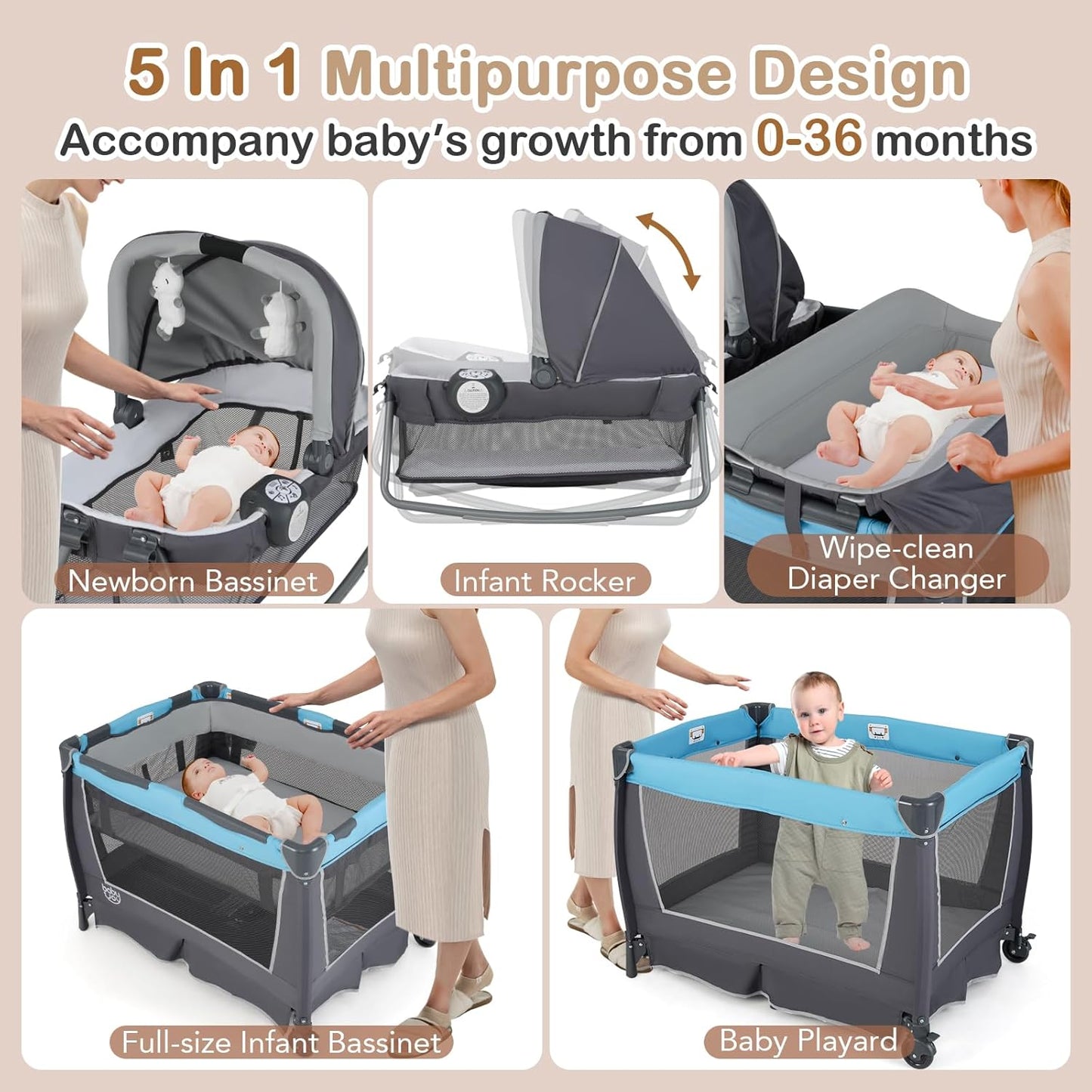 HONEY JOY Pack and Play, 5 in 1 Portable Infant Playpen with Bassinet & Changing Table, Storage Bag, Music Box, Toys, Carry Bag, Nursery Center, Baby Playard Pack n Play Crib for Boys Girls