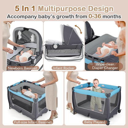 HONEY JOY Pack and Play, 5 in 1 Portable Infant Playpen with Bassinet & Changing Table, Storage Bag, Music Box, Toys, Carry Bag, Nursery Center, Baby Playard Pack n Play Crib for Boys Girls