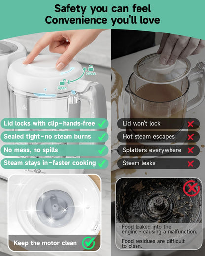 Baby Food Maker, One Step Baby Food Processor Steamer with Steam Basket Puree Blender Grinder Safty Lock, Auto Cooking Grinding Self-Cleaning & Sterili-zing for Healthy Homemade Baby Food, BPA-Free