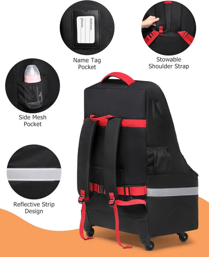 MCBD Car Seat Travel Bag for Airplane, Foldable Baby Carseat Backpack for Travel Padded Carseat Carrier for Airport Gate Check, Infant Stroller Cover with Reflective Strips