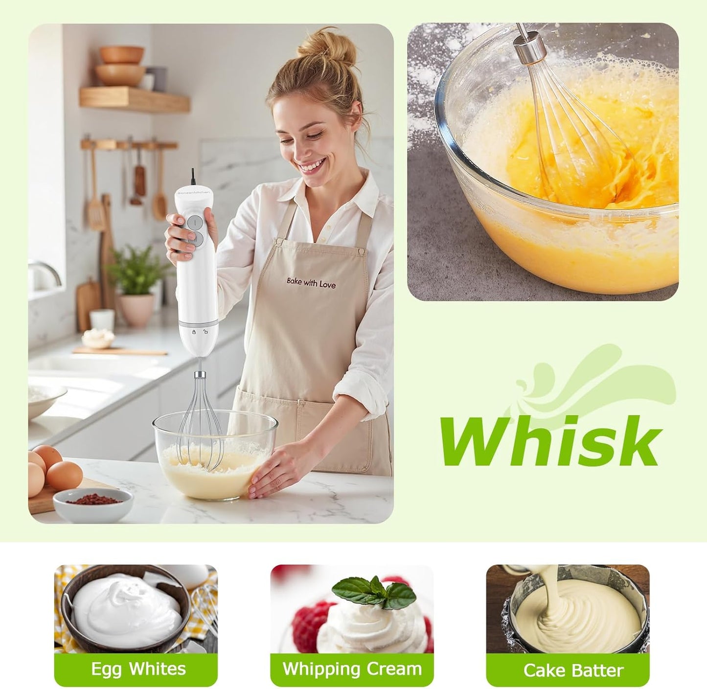 Bonsenkitchen Hand Blender, Immersion Blender with 2 Mixing Speed, Electric Handheld Mixer Portable Stick Mixer with Stainless Steel Blades for Soup, Smoothie, Puree, Baby Food