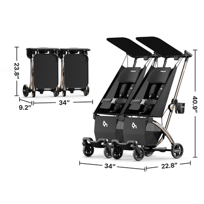 Beberoad Love R1 Auto-Folding Ultra Lightweight Double Stroller Twin Strollers, Side by Side Stroller for Babies and Toddlers Aged 6-36 Months, Only 23.5 lbs, Can Turn into Two Single Strollers, Black