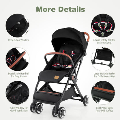 BABY JOY Lightweight Baby Stroller, Compact Toddler Travel Stroller for Airplane, Infant Stroller w/ 5-Point Harness, Adjustable Backrest/Footrest/Canopy, Storage Basket, Easy One-Hand Fold, Beige