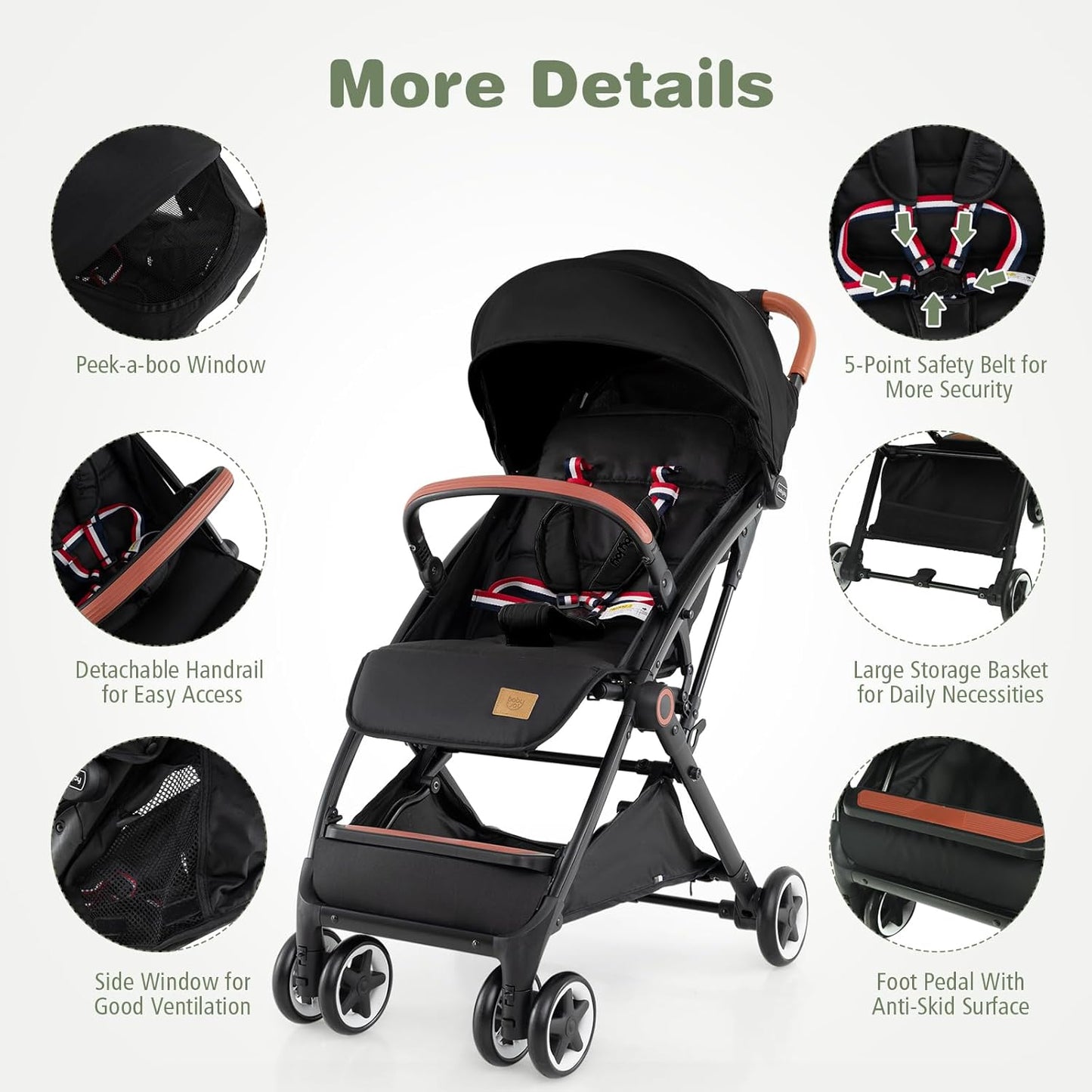 HOMGX Lightweight Baby Stroller, Compact Travel Stroller w/Ergonomic Seat, Spacious Basket, Adjustable Backrest, Oversized Canopy, Infant & Toddler Umbrella Stroller for Airplane, Travel (Black)