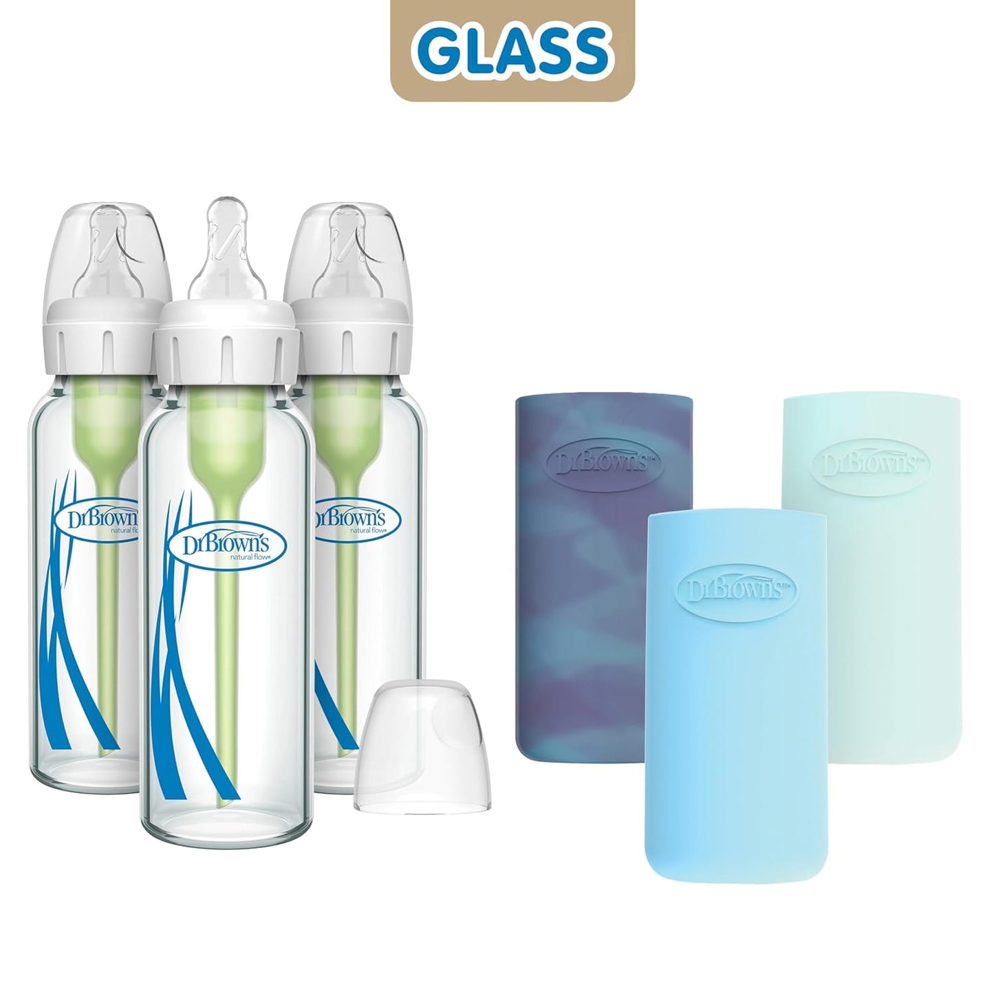 Dr. Brown's Anti-Colic Options+ Narrow Glass Baby Bottles 8 oz/250 mL, with Level 1 Slow Flow Nipple, 3 Pack 0m+ with Mint 100% Silicone Sleeves, BPA-Free
