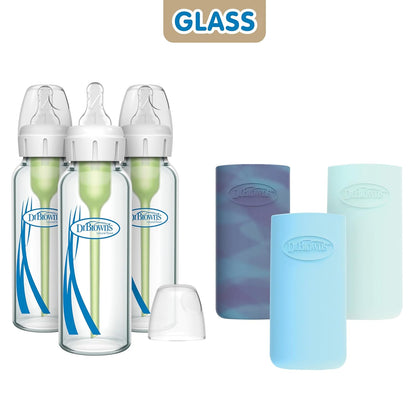 Dr. Brown's Anti-Colic Options+ Narrow Glass Baby Bottles 8 oz/250 mL, with Level 1 Slow Flow Nipple, 3 Pack 0m+ with Mint 100% Silicone Sleeves, BPA-Free