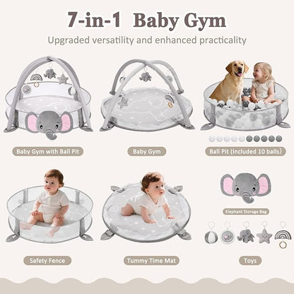 7-in-1 XL Large Baby Play Gym Mat, Tummy Time Mat, Baby Gym & Ball Pit, Baby Activity Mat with Milestone Cards & 6 Detachable Toys for Sensory Motor Skill, Elephant