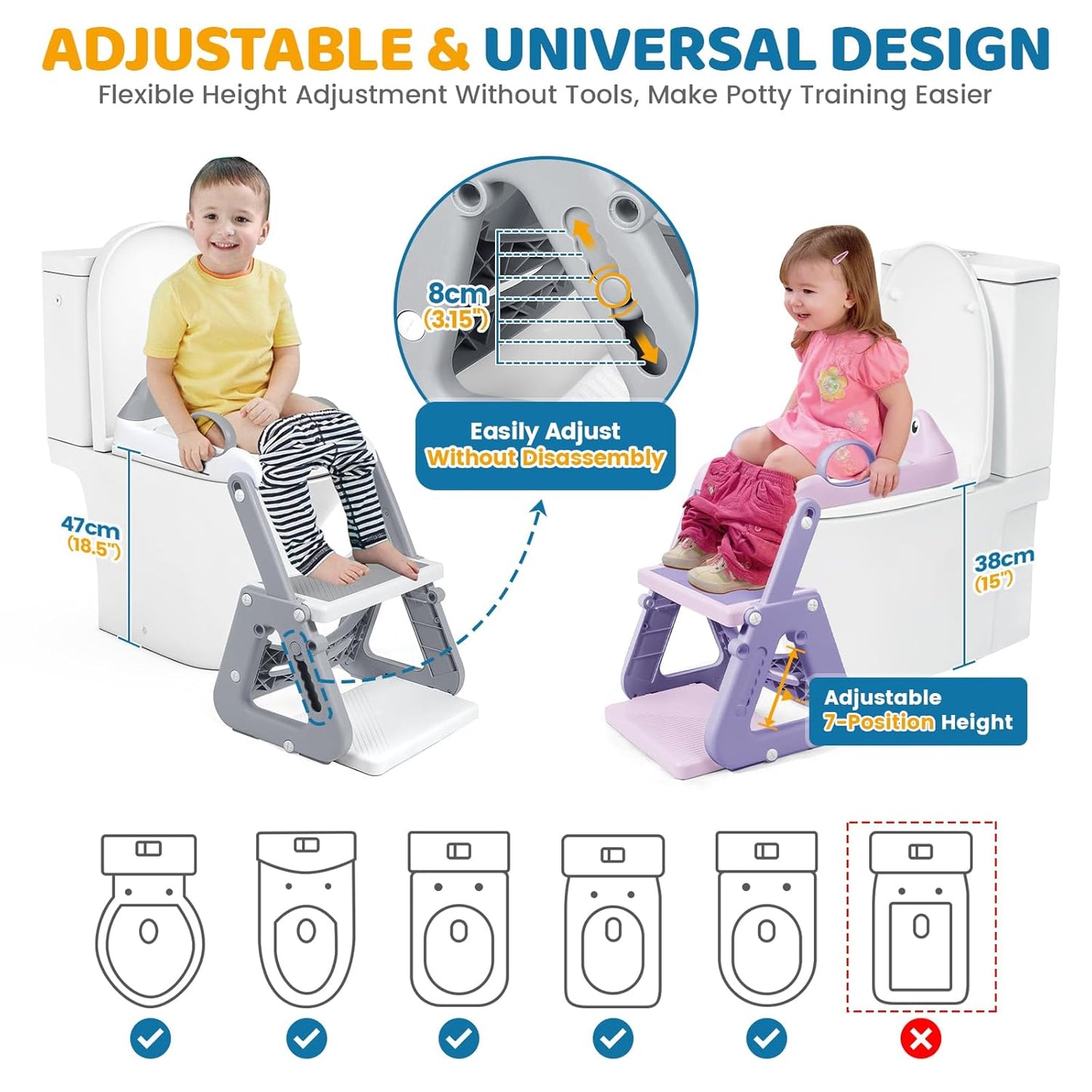 Orzbow Potty Training Seat | Upgrade Toddler Potty Training Toilet with Step Stool, 2-in-1 Stability Toilet Seat for Boys Girls | with Splash Guard, Anti-Slip Pad, Ladder, and Height Adjustable, Pink