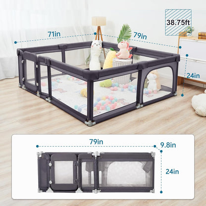 Sweeby Foldable Baby Playpen, Baby Gate Playpens for Babies and Toddlers 79x71 Extra Large Play Yard with Door Fence with Mat and Indoor Play Pen,Light Grey