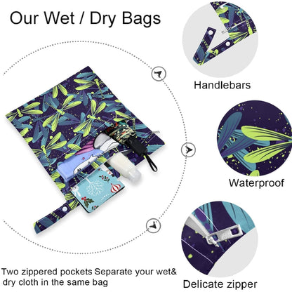 visesunny Yellow Dinosaurs Volcano and Palm Tree 2Pcs Wet Bag with Zippered Pockets Washable Reusable Roomy for Travel,Beach,Pool,Daycare,Stroller,Diapers,Dirty Gym Clothes, Wet Swimsuits, Toiletries