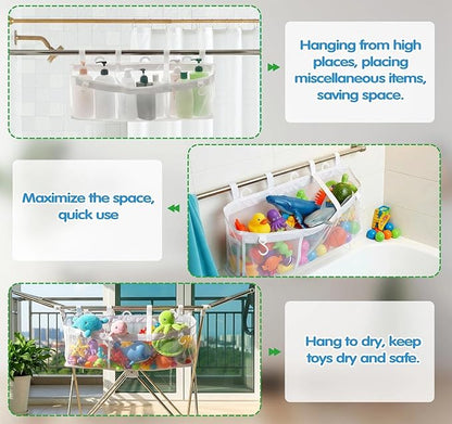 Extra Large Openings Bath Toy Organizer with 2 Compartments and Multiple Pockets, Quick-Dry Mesh Bathtub Toy Storage and Holder for Easy Access and Sorting of Toys