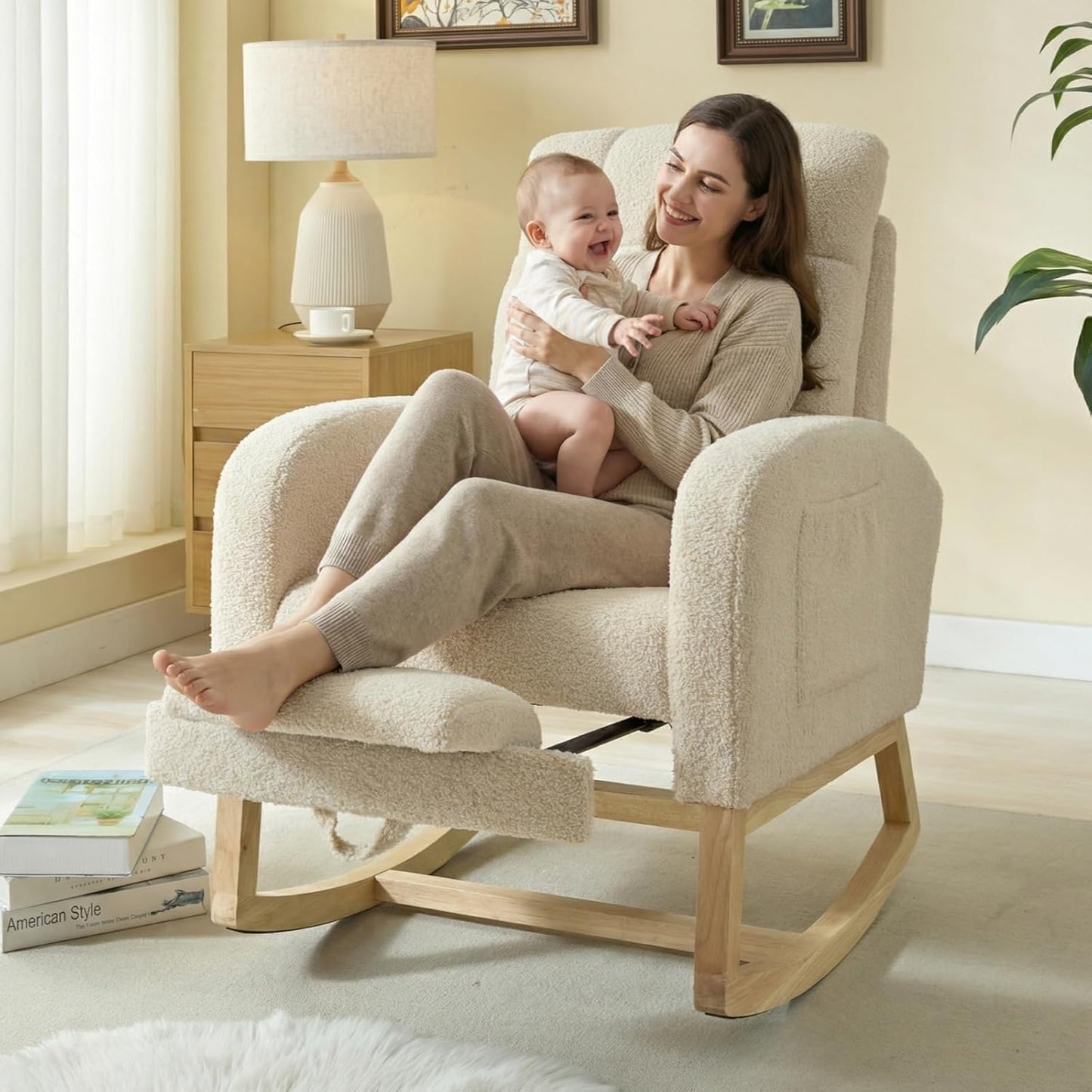 NIOIIKIT Modern Nursery Rocking Chair, Teddy Upholstered Rocking Chair with Footrest, Comfortable Rocker Recliner with Side Pocket, Rocker Glider for Living Room, Bedroom, Nursing Room (Apricot)