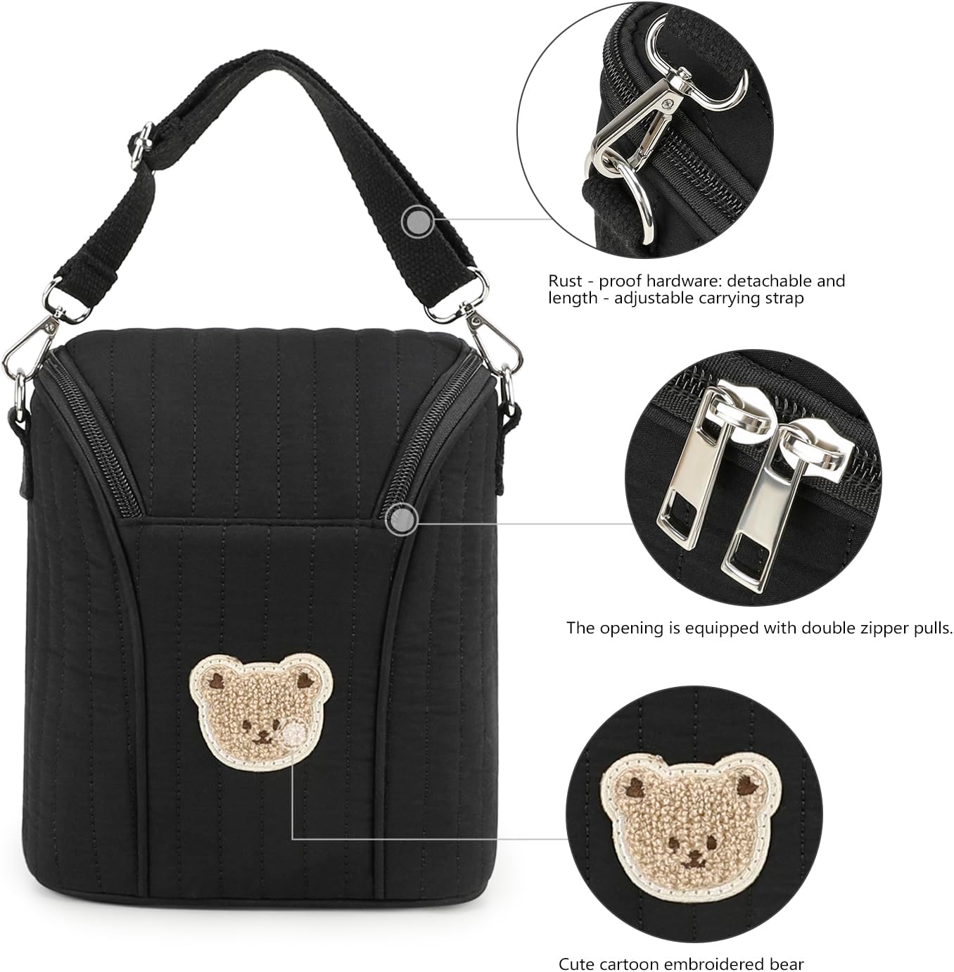 Lmbabter Embroidered Bear Stroller Organizer Tote Bag, Bottle Insulation Pouch, Portable Cooler Storage Essential for Milk/Breast Pump,Baby Travel Supplies (Black)
