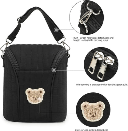 Lmbabter Embroidered Bear Stroller Organizer Tote Bag, Bottle Insulation Pouch, Portable Cooler Storage Essential for Milk/Breast Pump,Baby Travel Supplies (Black)