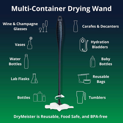 Drying Wand - Narrow Container Dryer (>1.25" Opening) - Water Bottle, Carafe, Wine Glass, Champagne Flute, Hydration Backpack Bladder, Reusable Bags - Rack Alternative. Patented.