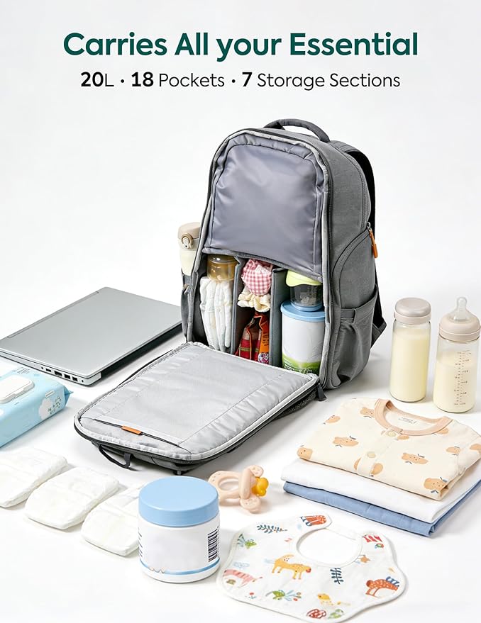Babelio Grid Wizard Diaper Bag Backpack - Multi Function Waterproof Diaper Bag, Travel Essentials Baby Bag with Insulated Bottle Holders, Baby Shower Gifts, Grey