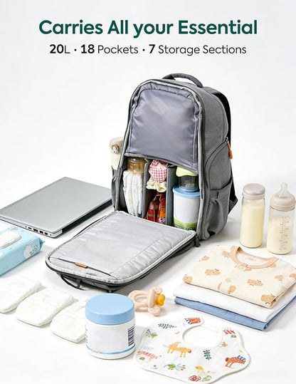 Babelio Grid Wizard Diaper Bag Backpack - Multi Function Waterproof Diaper Bag, Travel Essentials Baby Bag with Insulated Bottle Holders, Baby Shower Gifts, Grey