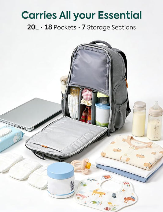Babelio Grid Wizard Diaper Bag Backpack - Multi Function Waterproof Diaper Bag, Travel Essentials Baby Bag with Insulated Bottle Holders, Baby Shower Gifts, Grey