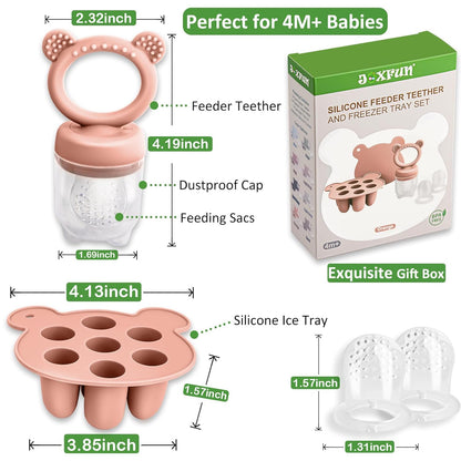 Silicone Baby Fruit Food Feeder & Mini Freezer Nibble Tray, Breastmilk Popsicle Molds for Baby Teething Relief, BPA Free Silicone Teething Toys Feeder for Safe Infant Self Feeding, Extra Food Pouches