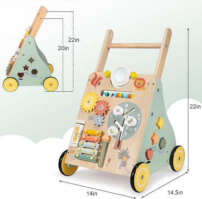 GiggleGems Wooden Baby Walker, Multiple Learning Activities Center Develops Motor Skills for Infant to Toddler, Push and Pull Walkers with Wheel for Boys Girls