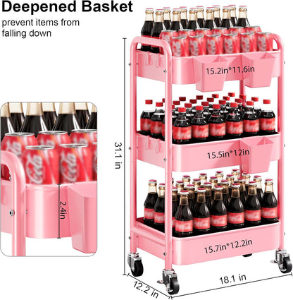3 Tier Rolling Cart Metal with Lockable Wheels, Pink Three Tiered Diaper Caddy Cart Organizer on Wheels, Storage Utility Trolley Carts for Craft, Art, Nail, Lash, Baby Supplies, Cleaning, Mesh