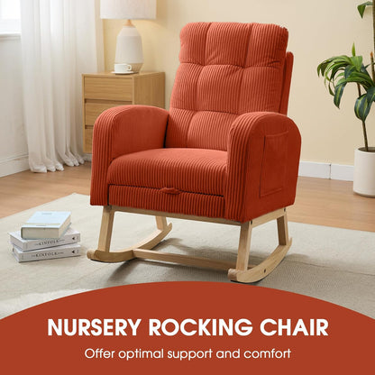 NIOIIKIT Nursery Rocking Chair, Corduroy Upholstered Rocking Chair with Adjustable Footrest, Tufted Rocker Chair with Side Pocket, Glider Rocker for Living Room, Bedroom (Cream Retro)