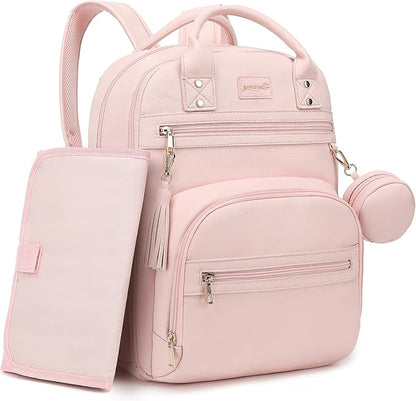 ROSEGIN Premium Vegan Leather Diaper Bag Backpack with Waterproof Changing Pad, Reinforced Zippers & Odor-Free, 20 Pockets Pro Organizer, Fits 15.6" Laptop, Stroller Straps, Baby Bag for Mom, Pink