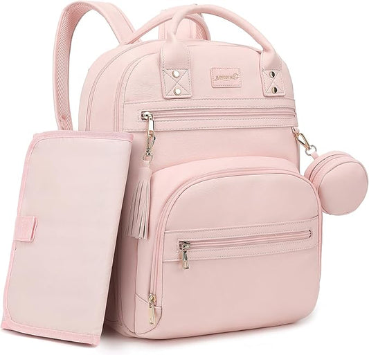 ROSEGIN Premium Vegan Leather Diaper Bag Backpack with Waterproof Changing Pad, Reinforced Zippers & Odor-Free, 20 Pockets Pro Organizer, Fits 15.6" Laptop, Stroller Straps, Baby Bag for Mom, Pink