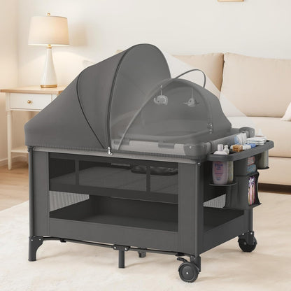 Obee Odee 4-in-1 Baby Bassinet with Playard, Napper Bassinet, Changing Table, Mosquito Net & Canopy, Storage and Toys for Newborn to Toddler